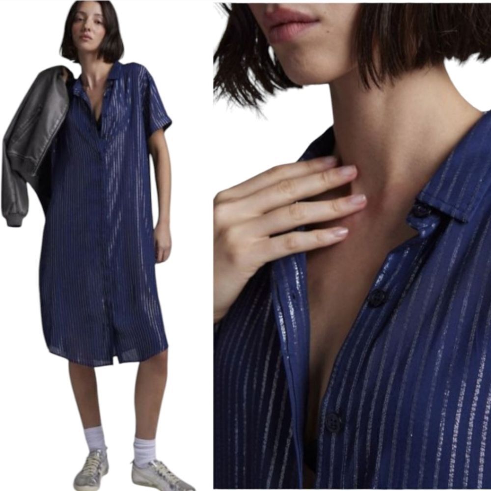 WILDFANG nwt Navy Empower Pinstripe Shirt Dress Knee Length Size S